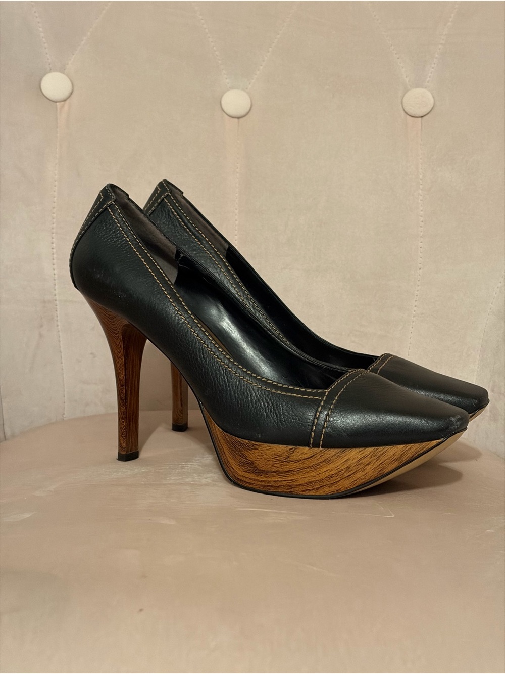 Nine West Black Leather Platform Pumps with Wood-Effect Platform